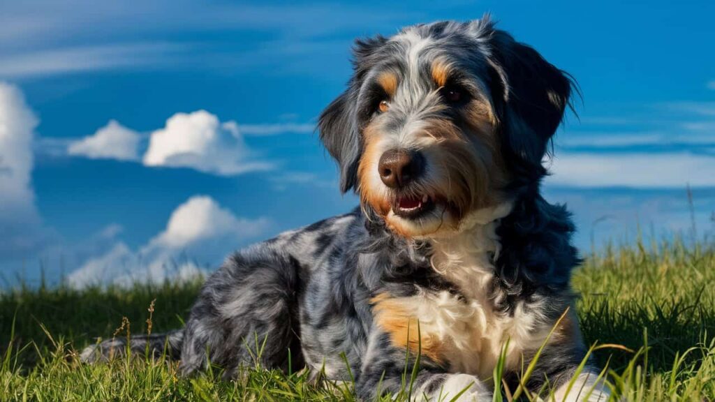 A stunning Blue Merle Bernedoodle with a mottled gray and black coat sitting in a grassy field.