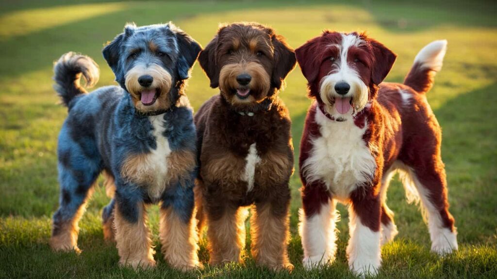 Comparison of Blue Merle, Chocolate Merle, and Red Merle Labradoodles showcasing their unique coat patterns.