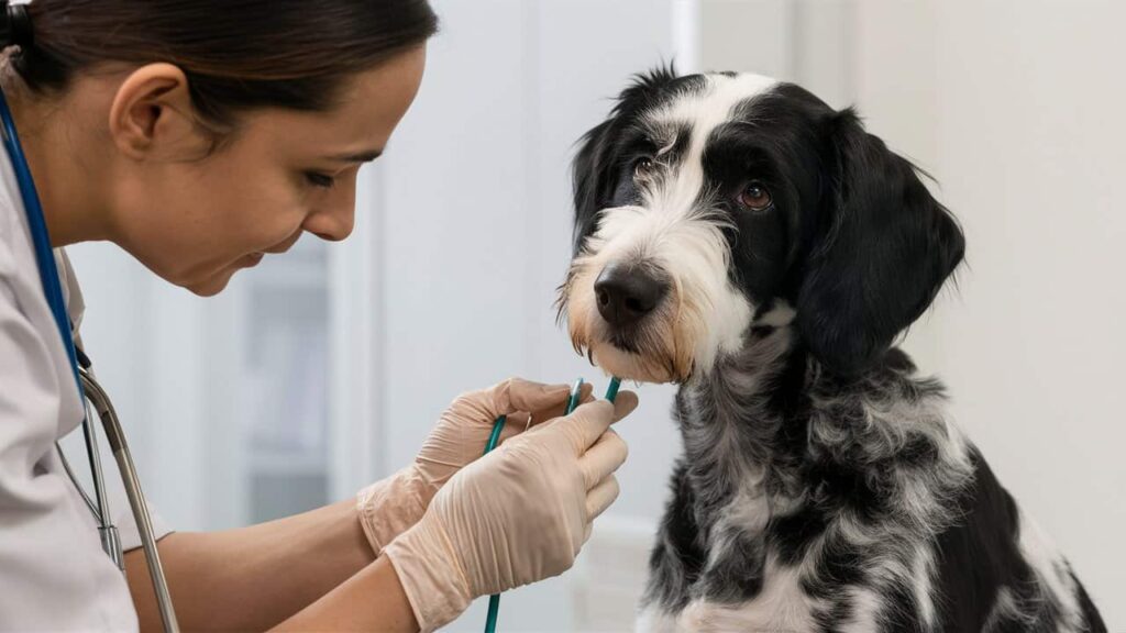 A veterinarian examines a Dalmadoodle puppy.