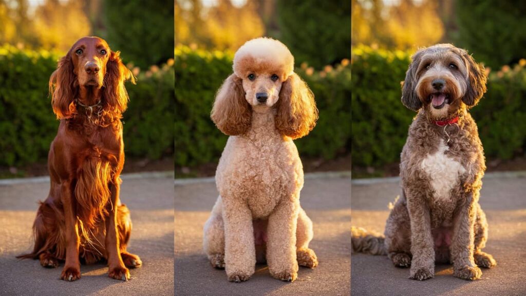 Irish Setter, Miniature Poodle, and Mini Irish Doodle comparison, illustrating the breed’s origins and traits.