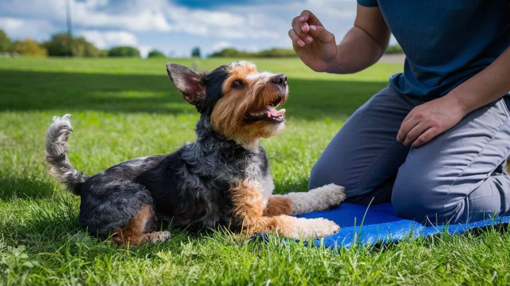 A Cattle Dog x Poodle puppy attentively sits at its owner's feet during a training session, demonstrating the breed's intelligence and eagerness to learn.