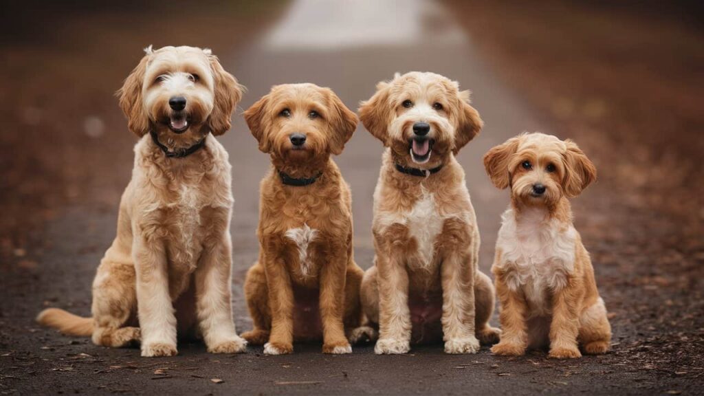 Comparison of Goldendoodle sizes: Standard, Medium, Mini, and Toy.