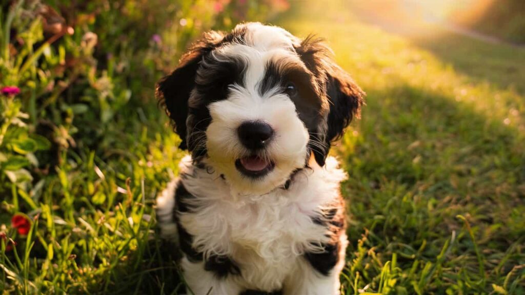 Adorable Mini Sheepadoodle puppy with a black-and-white coat sitting outdoors.