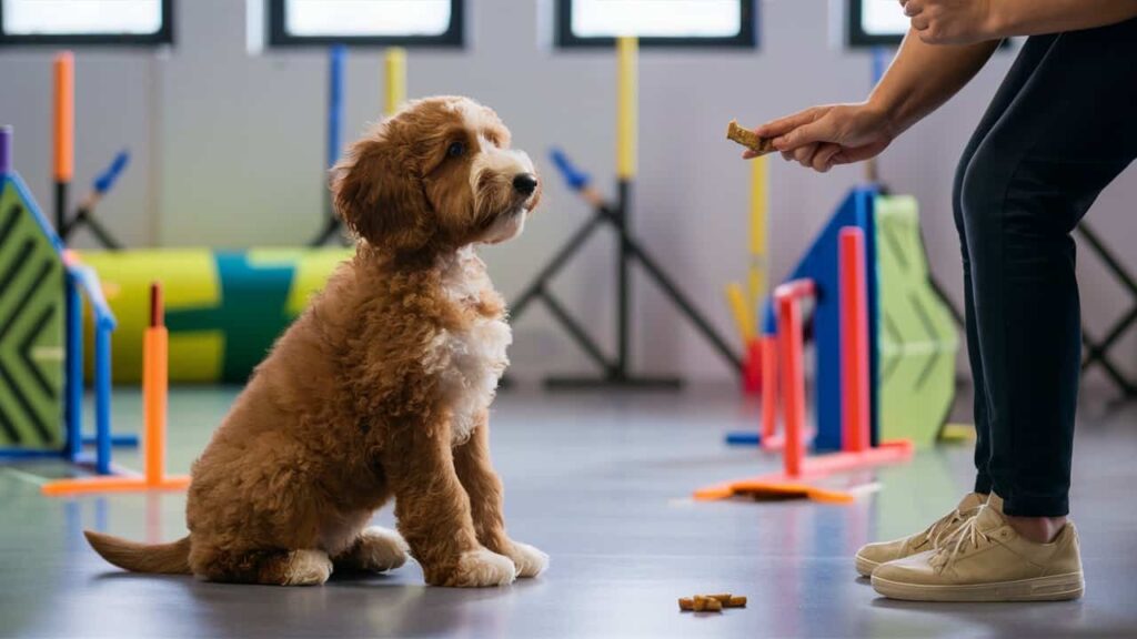 Mini Irish Doodle in training, showcasing its intelligence and eagerness to learn.