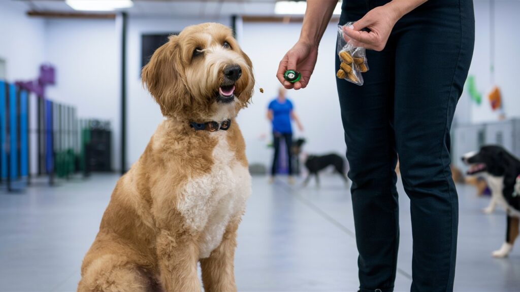 An F1 Labradoodle sitting patiently during training, focused on a treat.