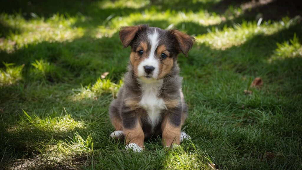 Adorable Australian Cattle Dog puppy sitting in the grass.