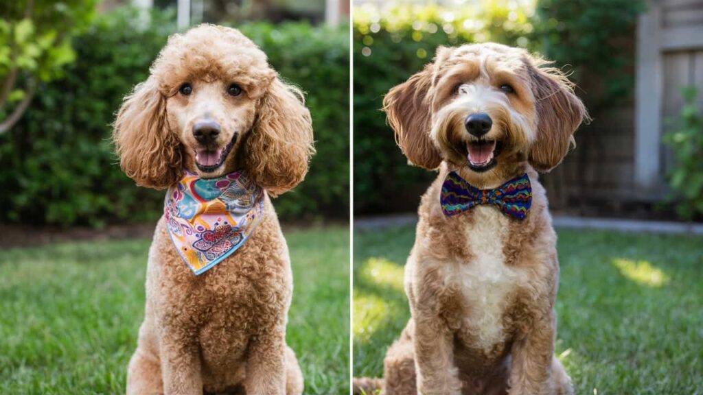 A side-by-side comparison of a Poodle and a Doodle, highlighting their unique coat types and sizes.