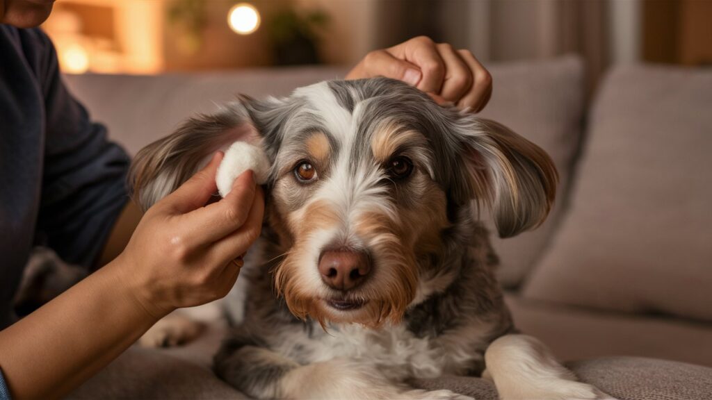 Close-up of a person cleaning an Australian Labradoodle’s ears with a cotton ball and cleaning solution.