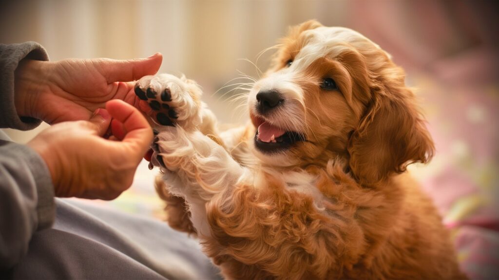 Golden Mountain Doodle puppy playfully nipping at fingers.