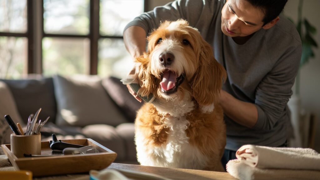 Owner grooming a Golden Mountain Doodle.