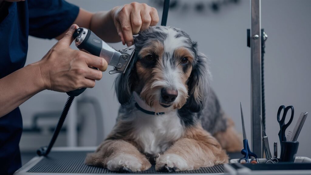 Person using grooming clippers to trim an Australian Labradoodle’s coat at home.