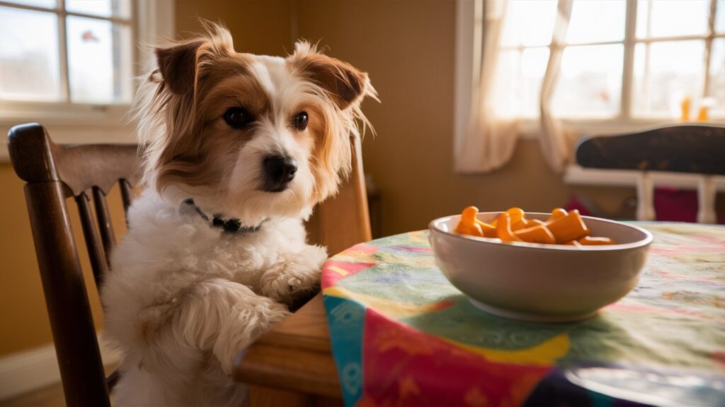 A curious dog looking at a bowl of cheese doodles on a table.