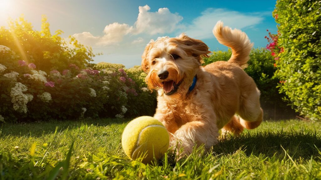 A Labradoodle puppy with a fleece coat running through a field of wildflowers.