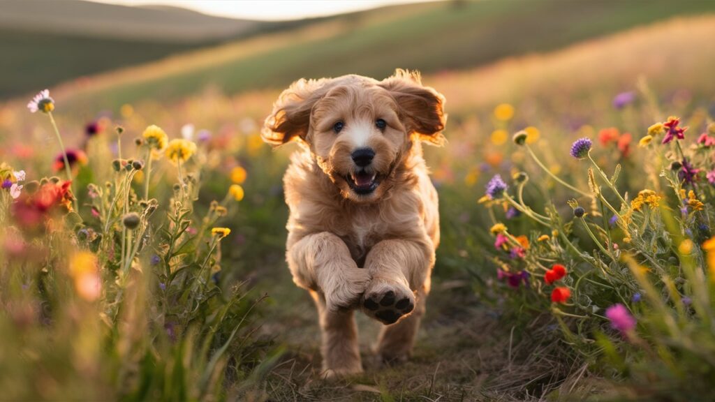 Golden Mountain Doodle puppy running in a field.