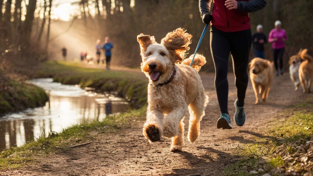 Mini double doodle jogging with owner on a scenic forest trail.