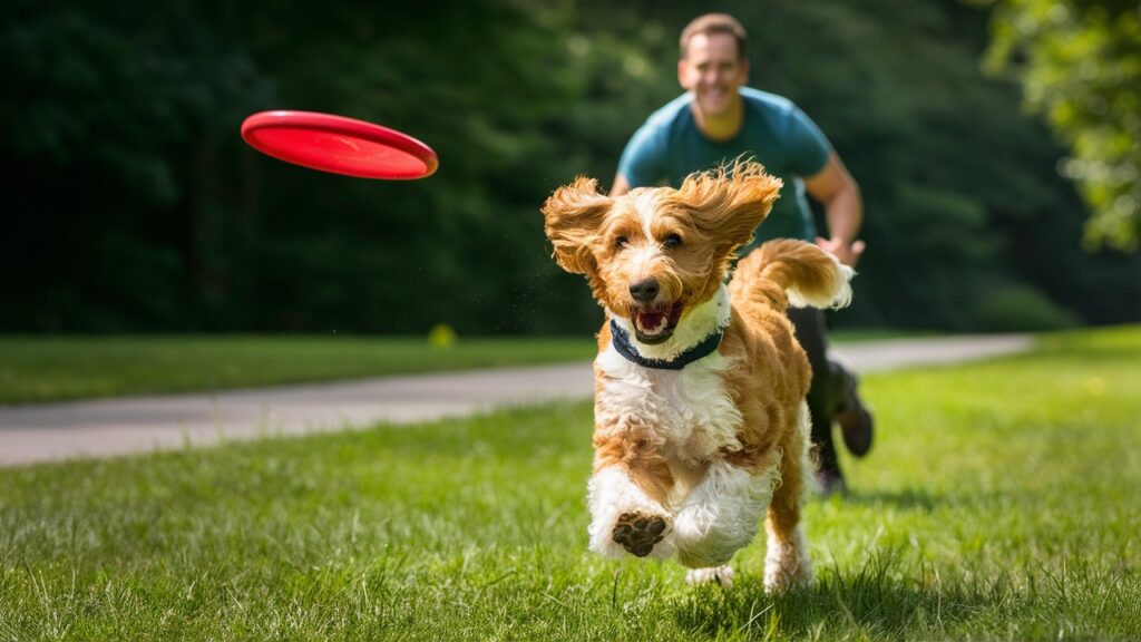 A family plays fetch with their energetic Red Heeler Doodle in a sunny park.