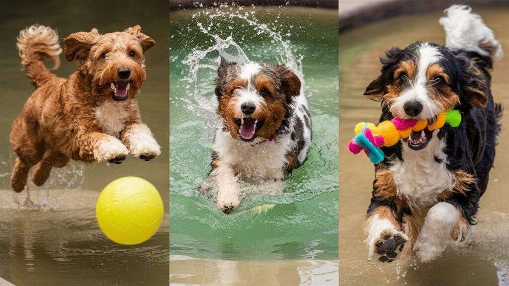 Aussie Doodles playing with balls, water, and toys.