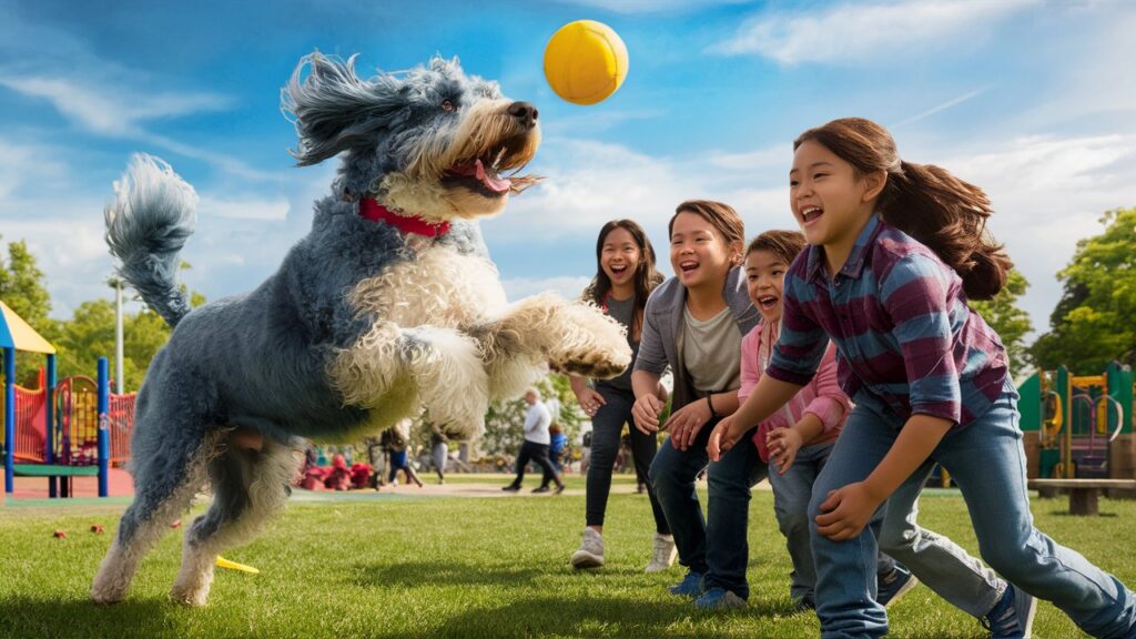 A Blue Heeler Doodle playing fetch with a family in a park.