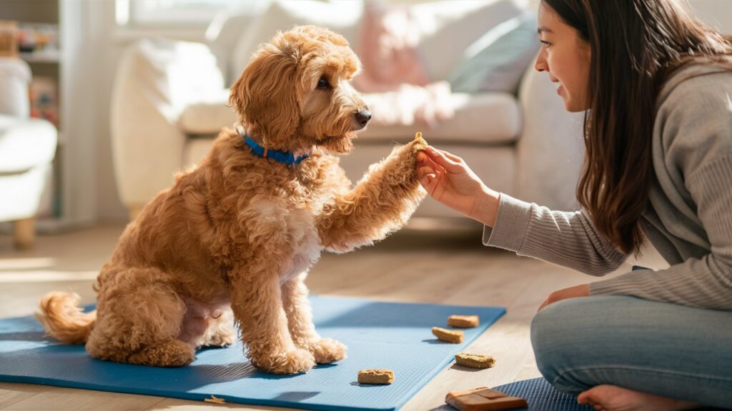 Mini double doodle performing a trick for its owner.