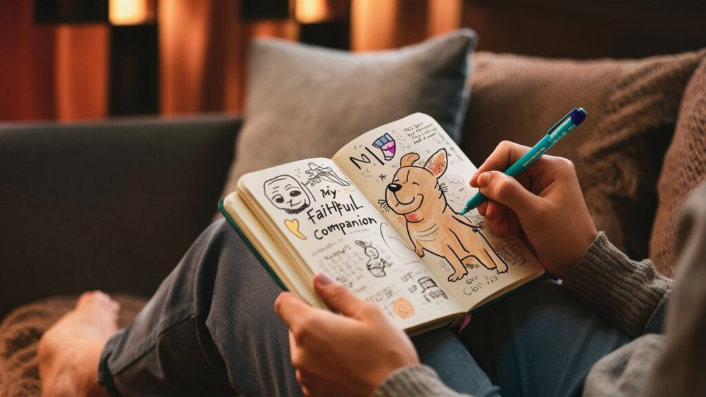 A person doodle journaling, combining dog doodles with written observations.