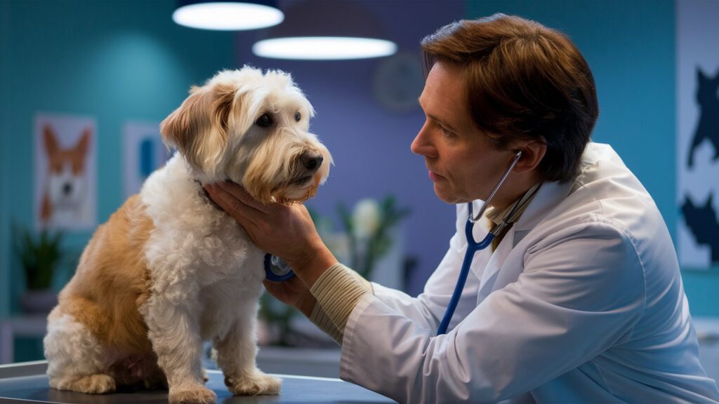 A veterinarian checking a dog’s health during a consultation.