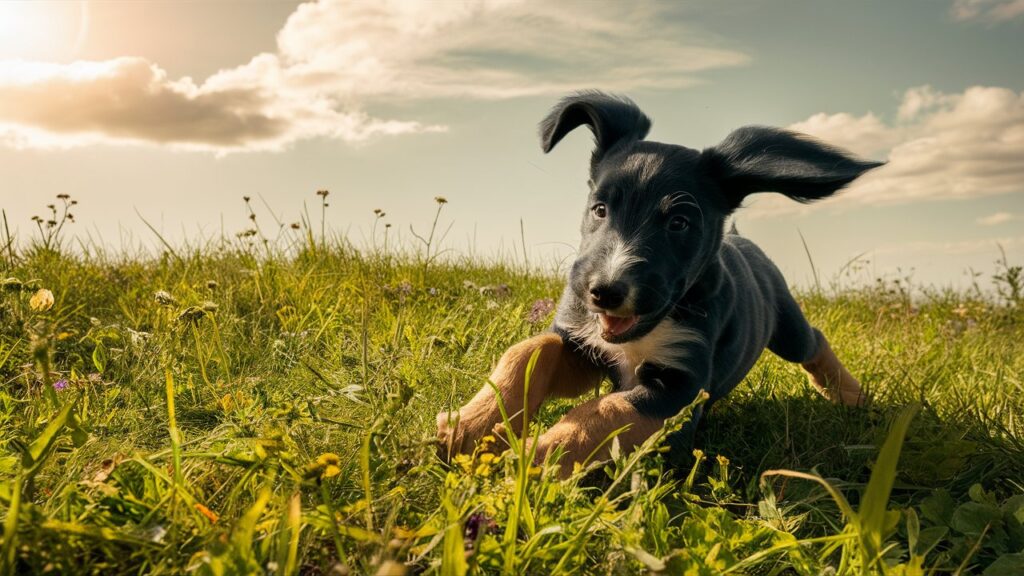 A Blue Heeler Doodle puppy playing in a field.