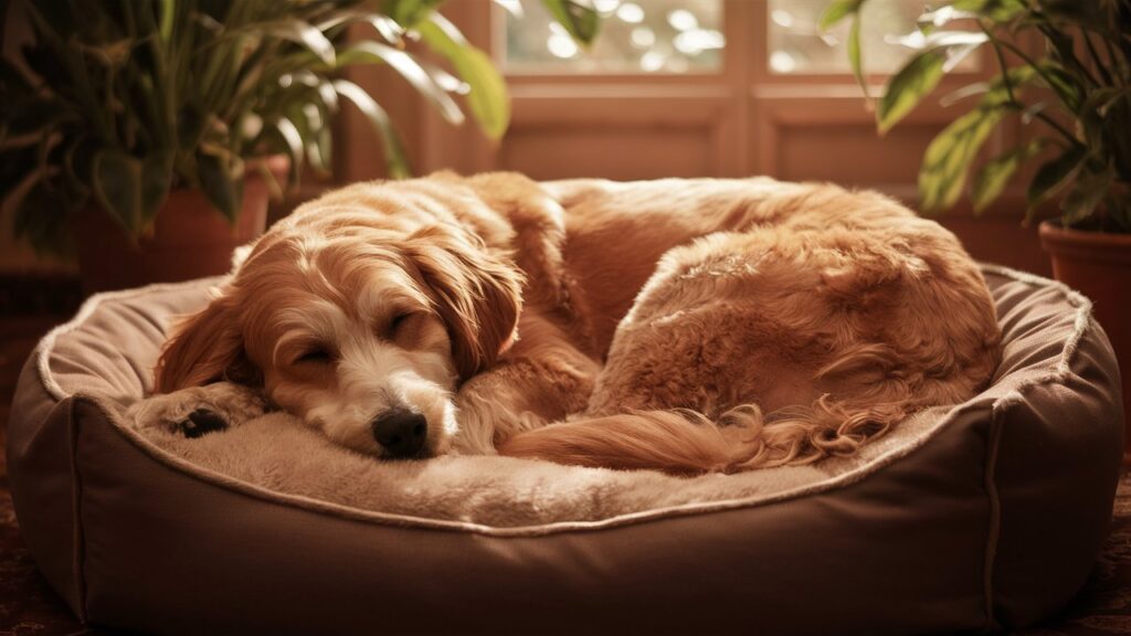 Golden Mountain Doodle puppy sleeping peacefully.