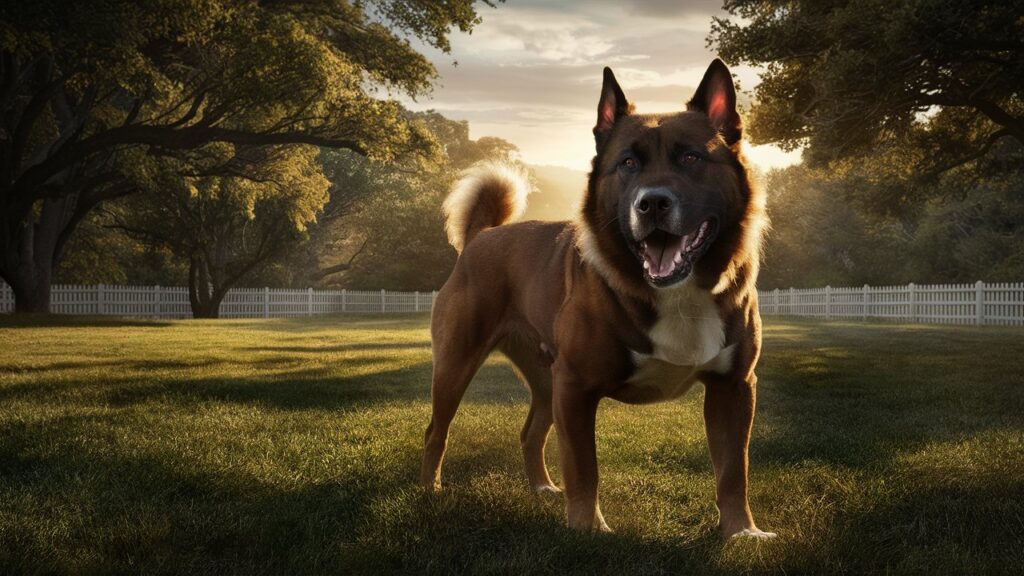 A large guardian dog standing in a spacious yard, showcasing its protective nature.