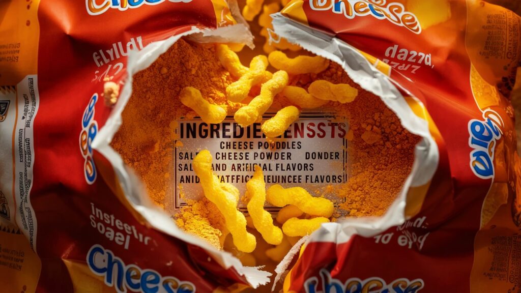 Close-up of a cheese doodles bag showing ingredients like salt, cheese powder, and artificial flavors.