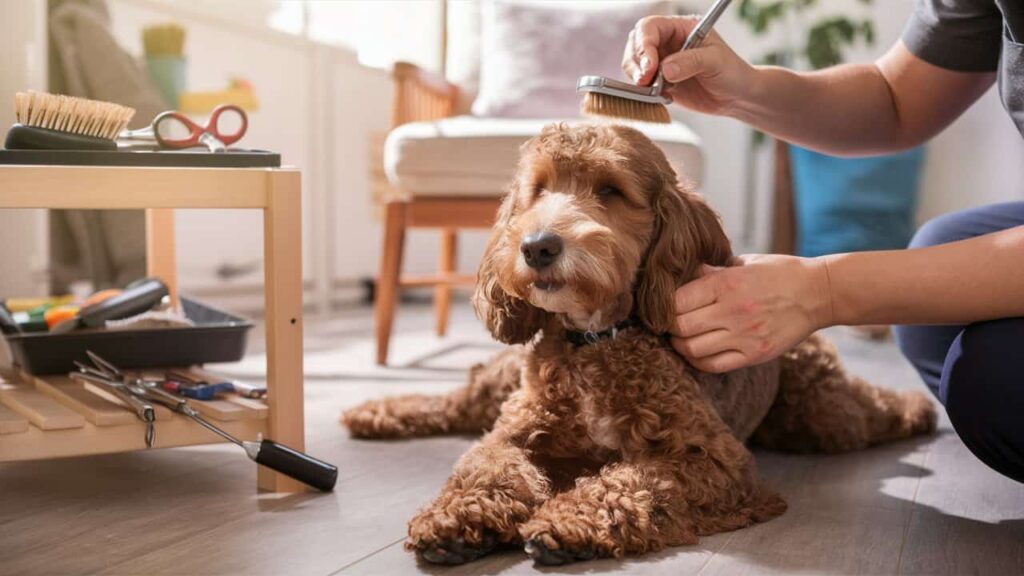 Professional groomer brushing a Mini Irish Doodle’s curly coat, emphasizing grooming needs.