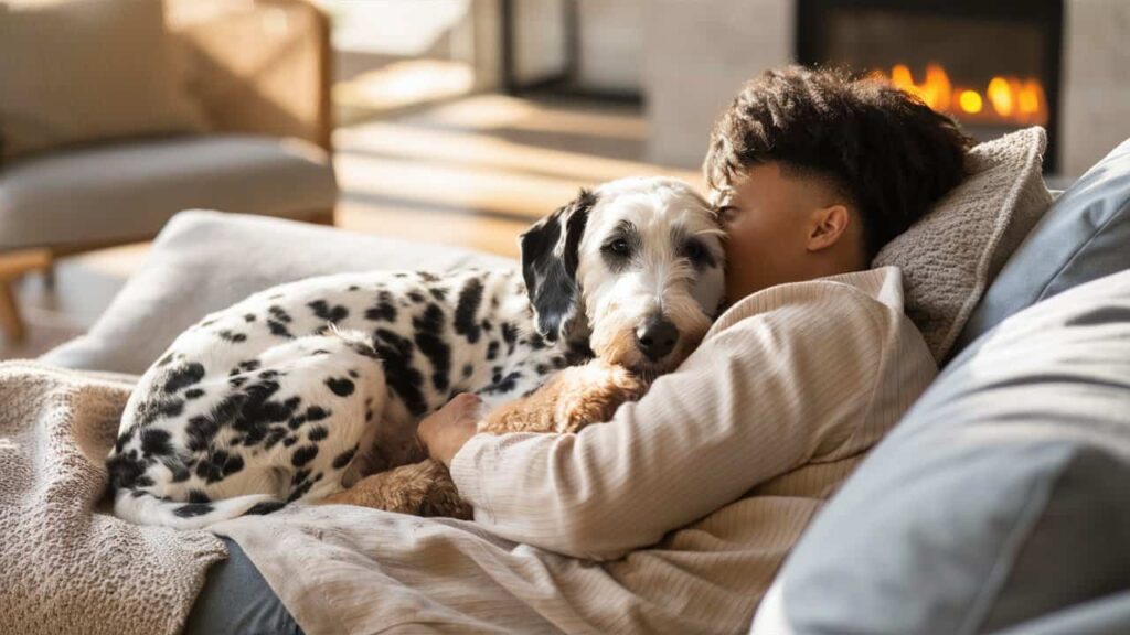 A person cuddles with their Dalmadoodle dog on a couch, both appearing relaxed and happy.