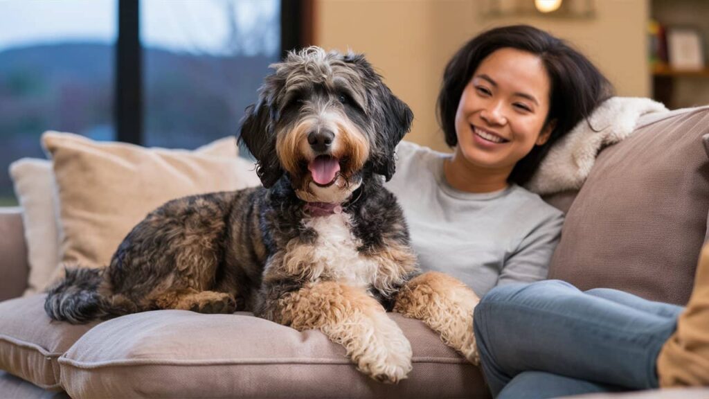 A content Merle Bernedoodle relaxing on a couch with its owner, demonstrating its affectionate nature.