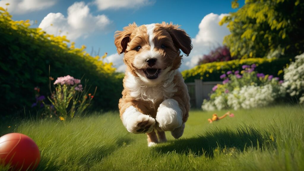 A small, curly-coated Chicka Doodle puppy playing with a ball in a sunny backyard, showcasing their playful and energetic nature.