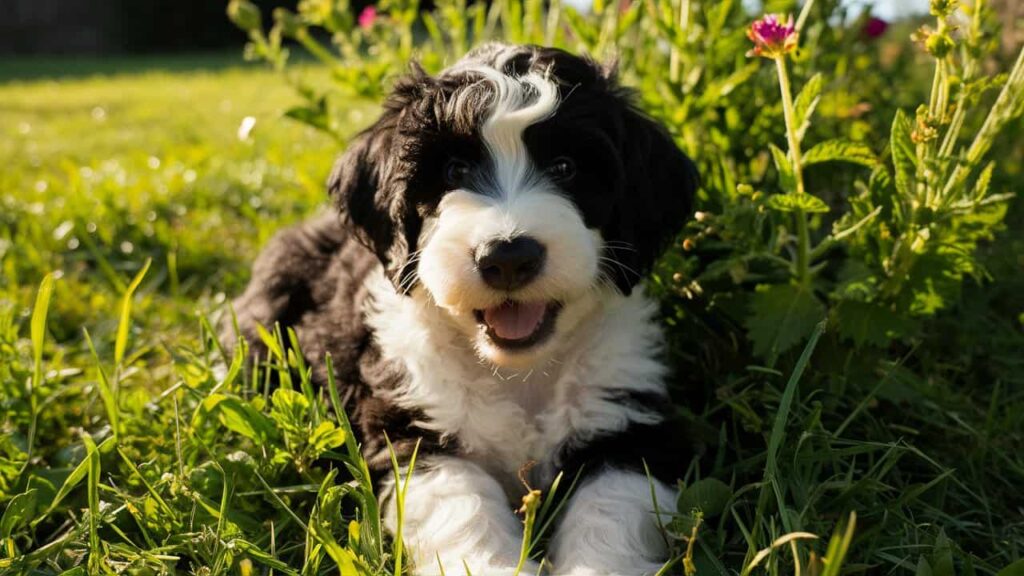 Adorable Mini Sheepadoodle puppy with a black-and-white coat sitting outdoors.