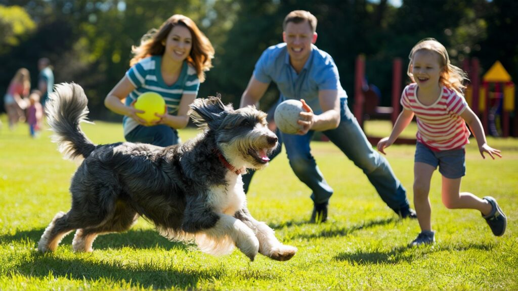 A family having fun playing fetch with their Merle Australian Labradoodle in a sunny park.