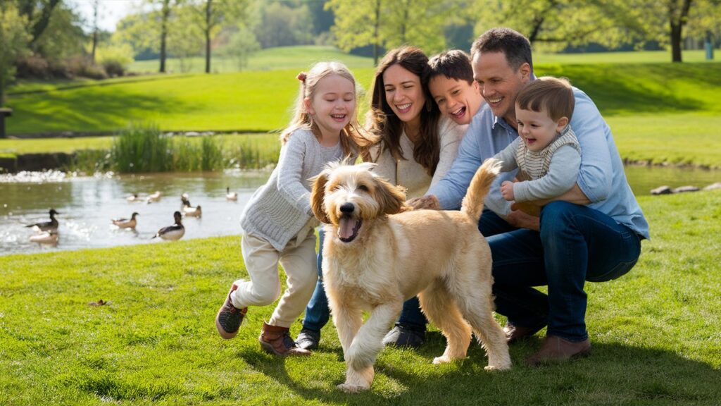 A family enjoying time with their playful F1 Labradoodle in a park.