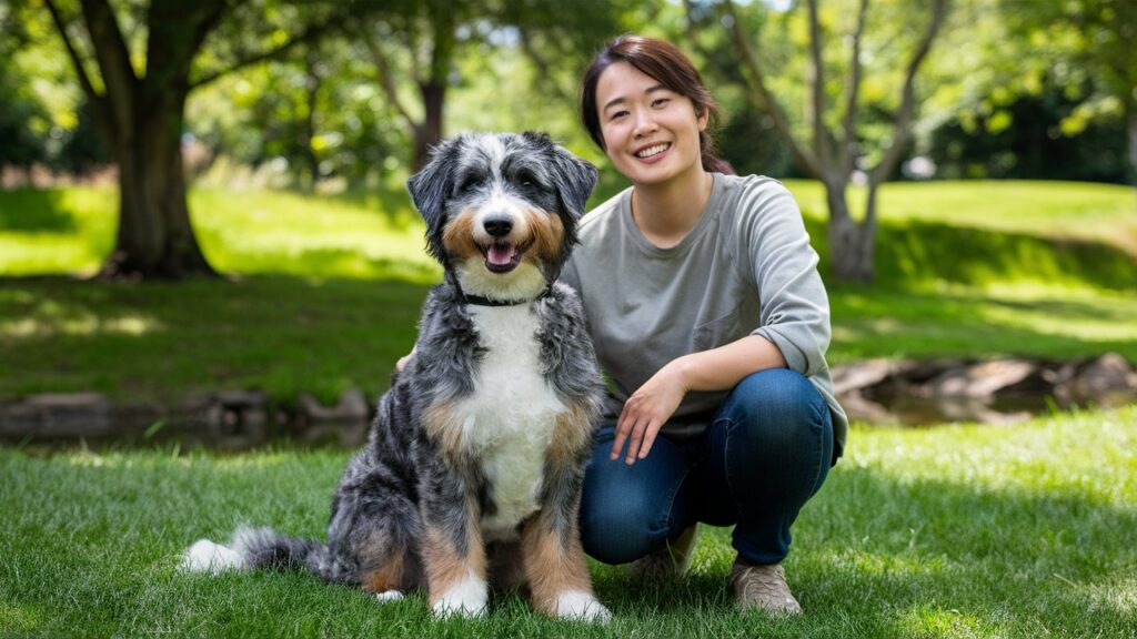 A Merle Australian Labradoodle sitting calmly beside its owner, representing the loving companionship the breed offers.