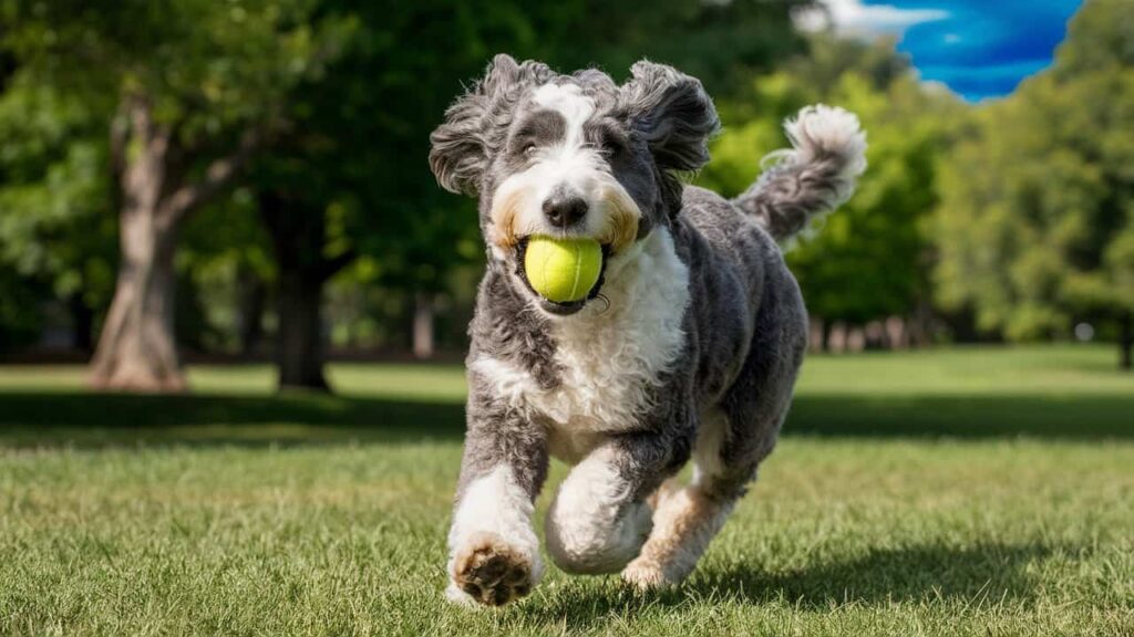 Mini Sheepadoodle playing fetch, displaying its curly gray-and-white coat.