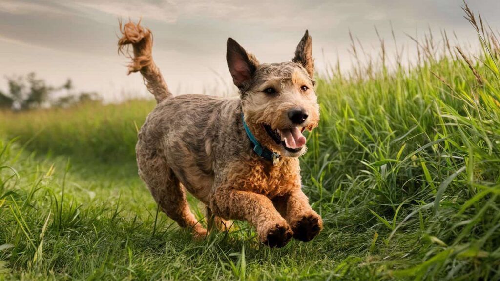 A Cattle Dog x Poodle puppy, a cross between an Australian Cattle Dog and a Poodle, runs happily through a field of colorful wildflowers.