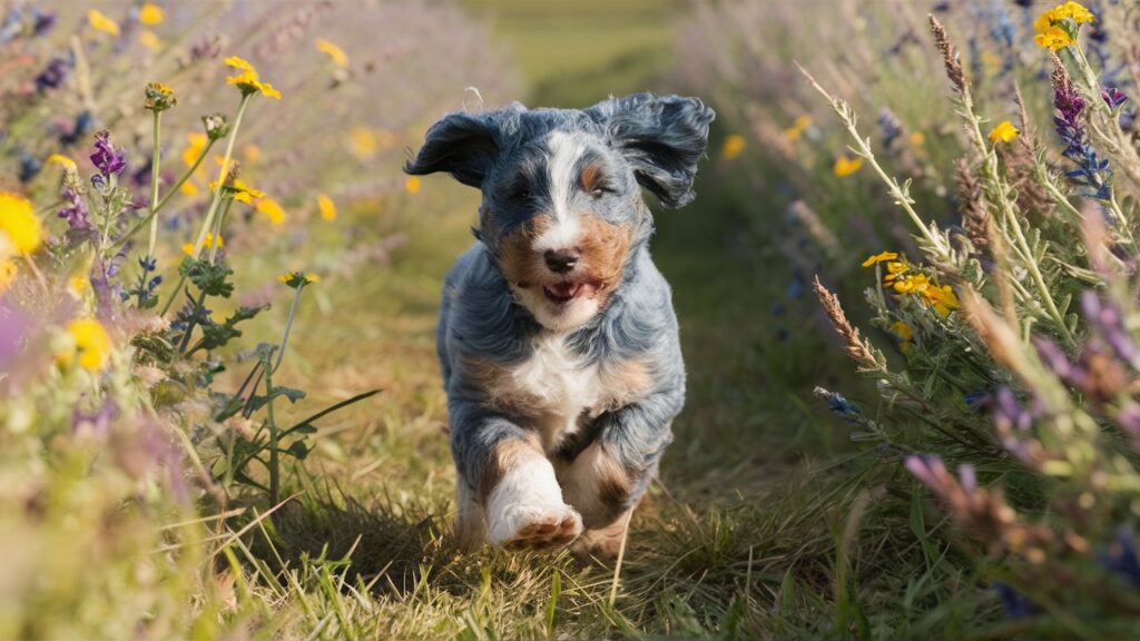 A Blue Merle Australian Labradoodle puppy happily running through a field of colorful wildflowers.