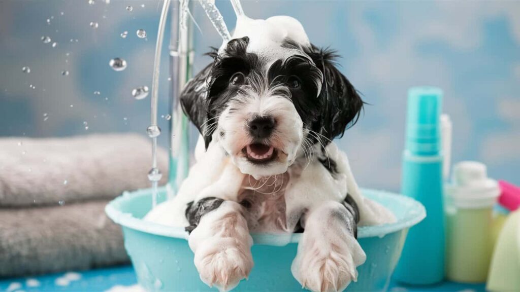 A Dalmadoodle puppy is being bathed, covered in shampoo suds.