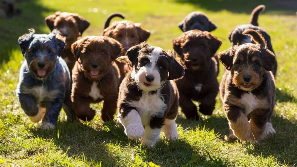 Merle Labradoodle puppies with patchy coats playing in a sunny field, showcasing unique patterns and vibrant energy.