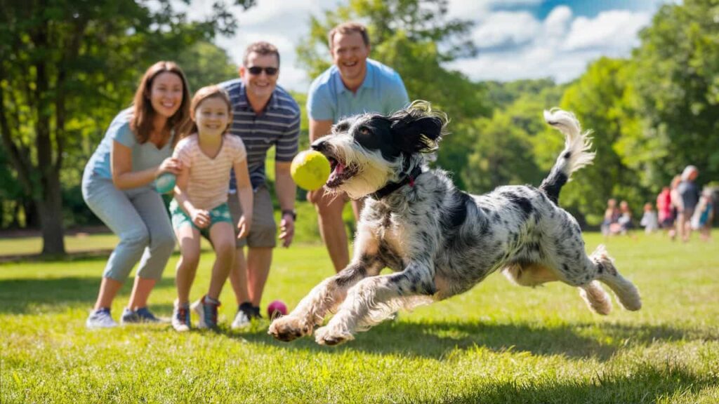 A family plays fetch with their Dalmadoodle in a park.