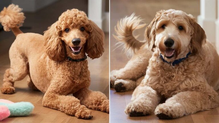 A Standard Poodle and a Labradoodle sitting side by side, showcasing their size and coat differences.