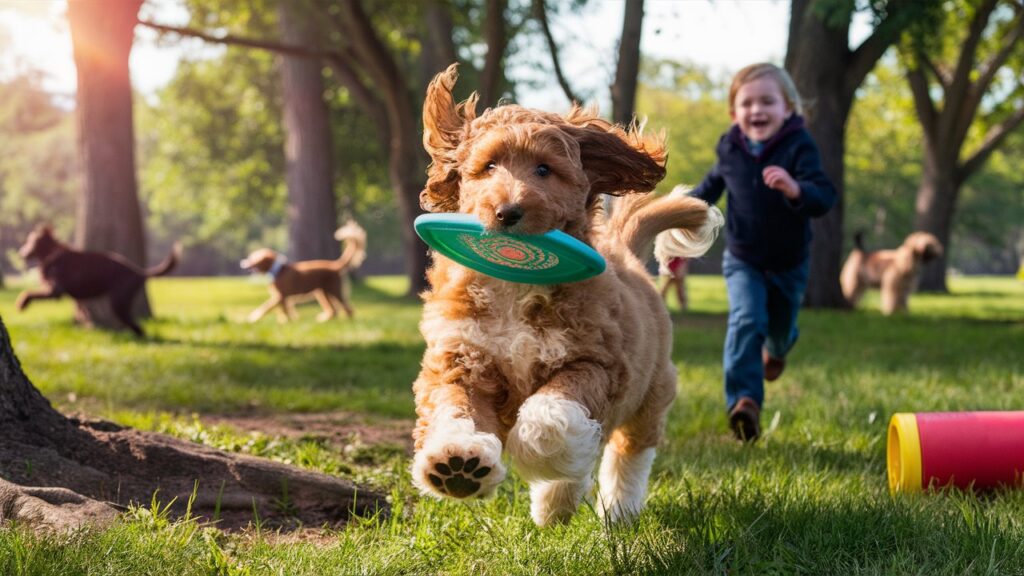 Double doodle puppy running with a frisbee in a park, joyful play.