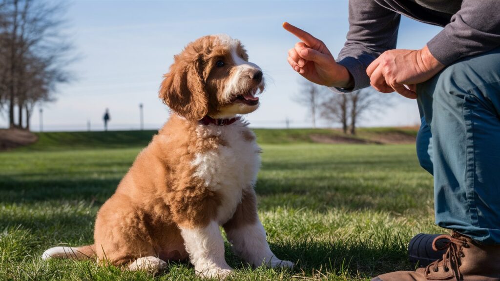 Double doodle puppy focused on training with its owner, eager to learn.