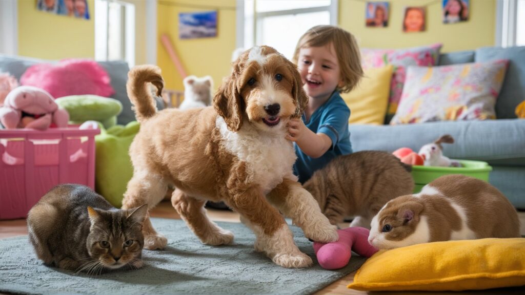 Double doodle puppy interacting with a child and other pets indoors.