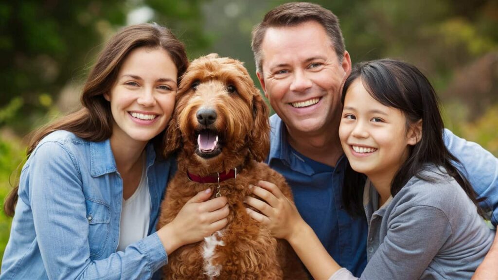 A family cuddling with their Labradoodle dog.