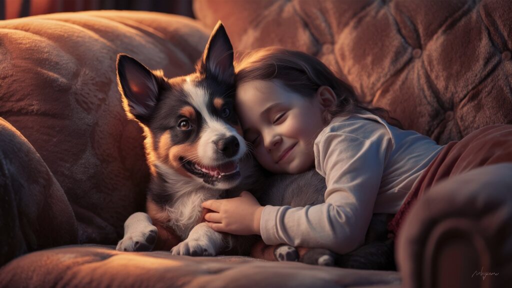 Girl cuddling with her Australian Cattle Dog puppy.