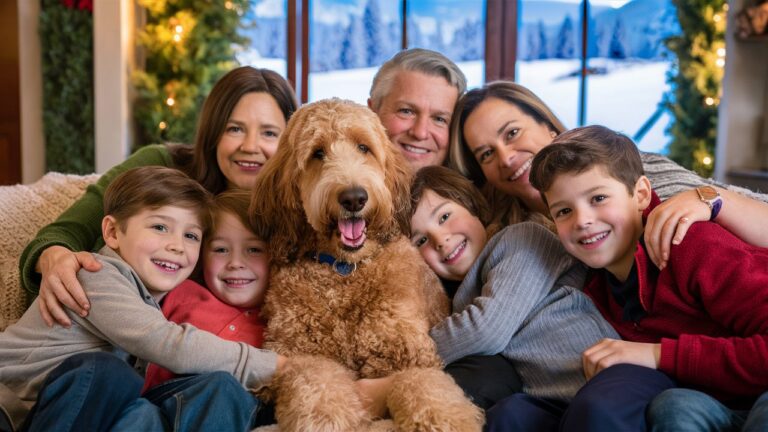 A cozy family moment with a Double Doodle cuddling on the couch with kids and adults, illustrating their role as a loving family pet.